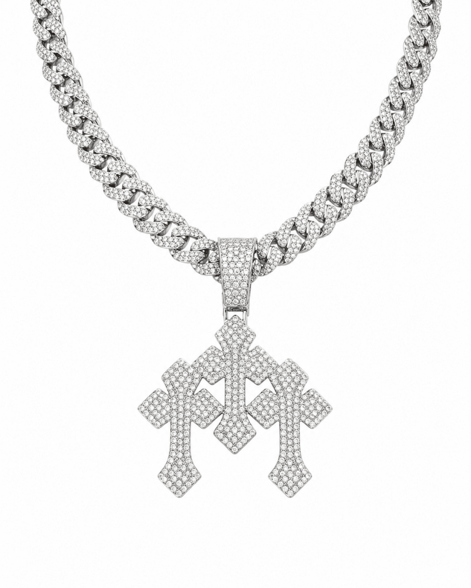 TRIPLE CROSS ICED PENDANT | SILVER